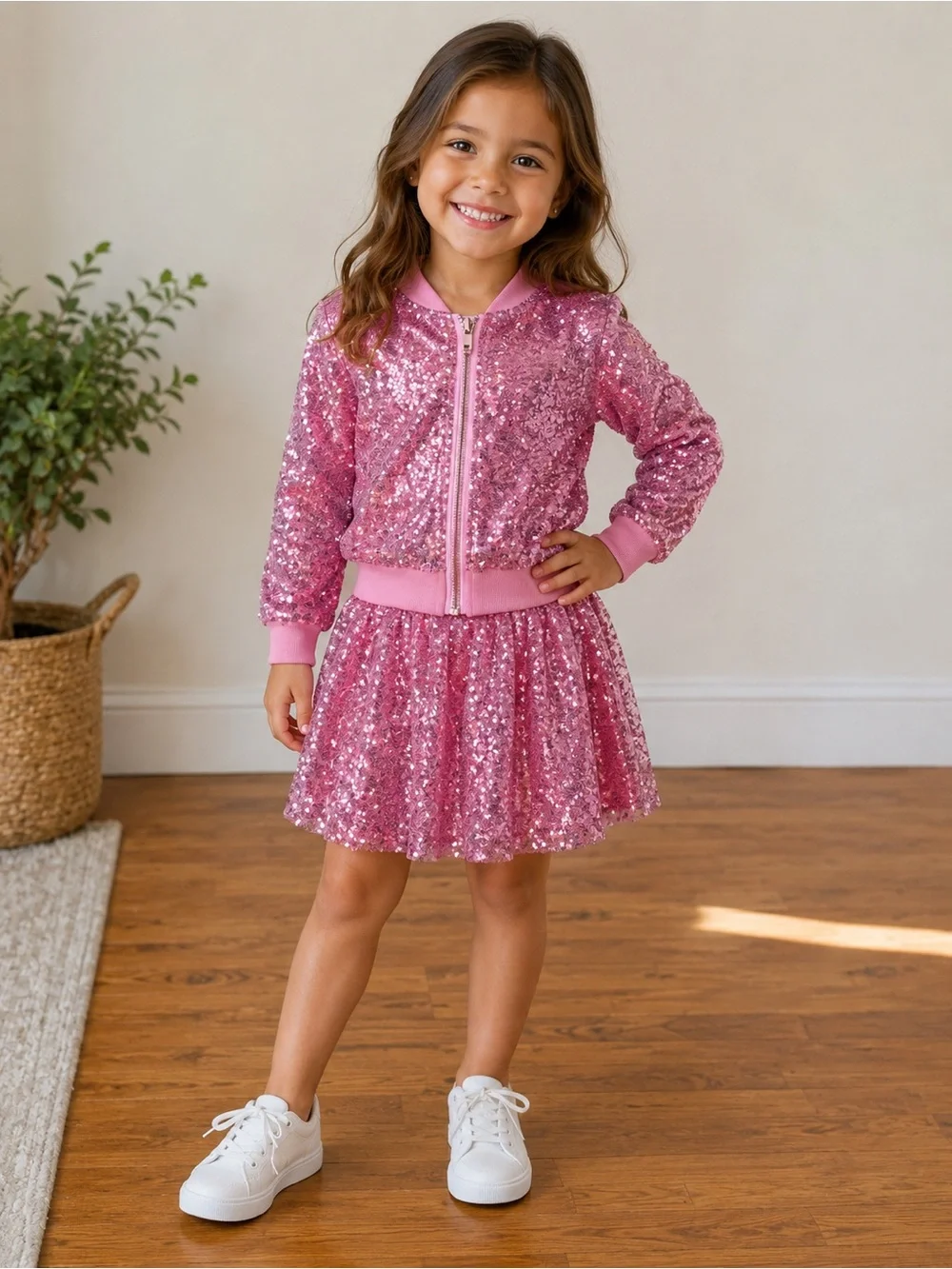 Girls Pink Sequin Zip Bomber set